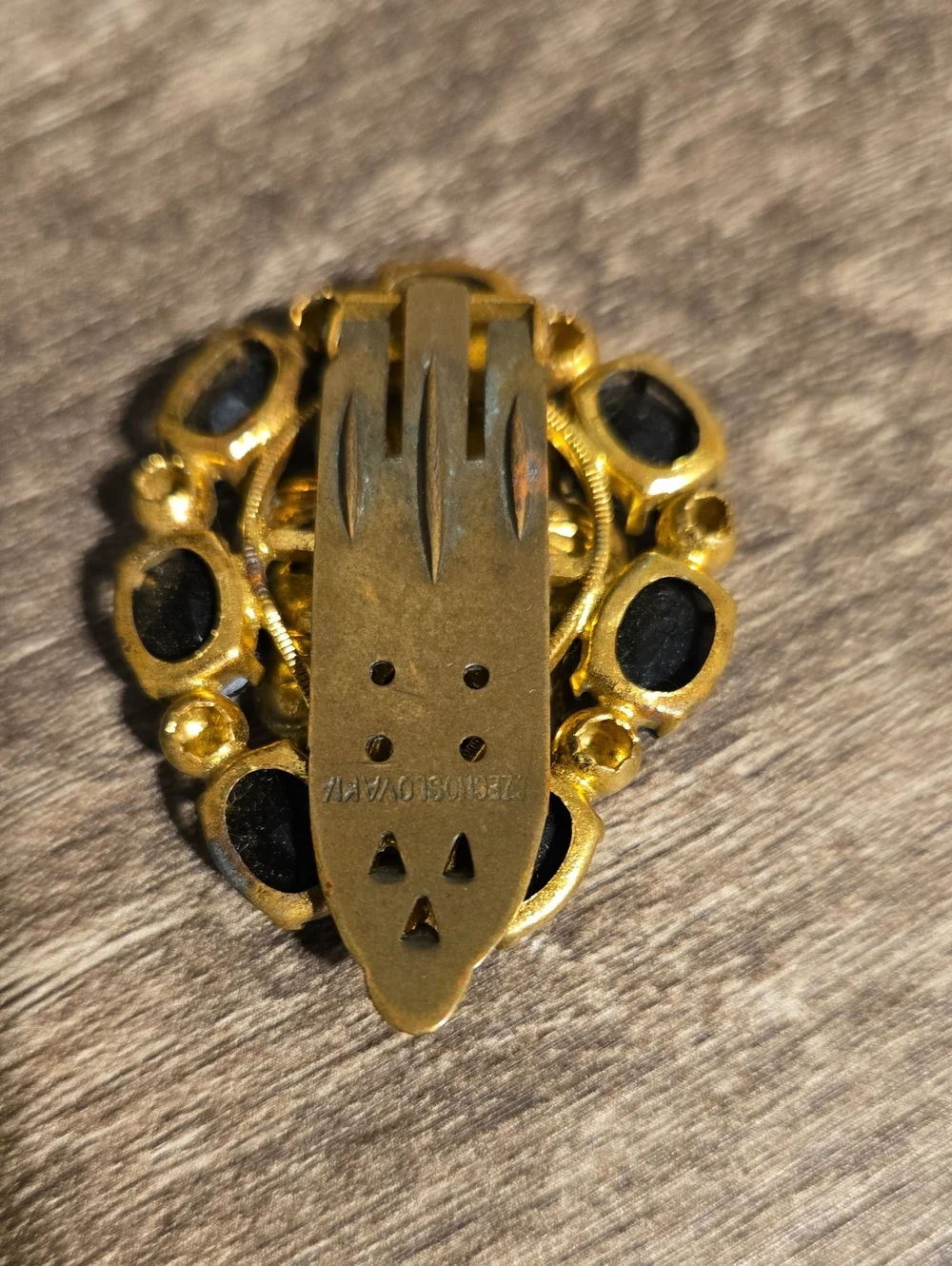 Vintage Mid-Century Brass & Jet Black Rhinestone Dress Clip 1.75